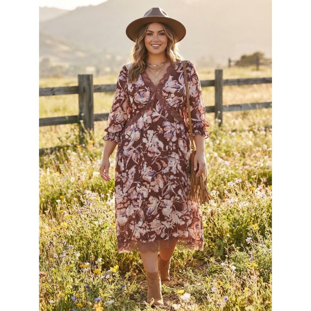Sam Edelman Camilla Chocolate Brown Floral Lace Trimmed Boho Midi Dress Size XL